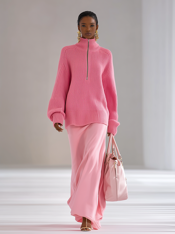 Pull Chic à Col Montant Zippé et Manches Longues