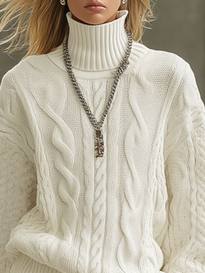 Pull Rétro en Tricot Blanc à Col Roulé