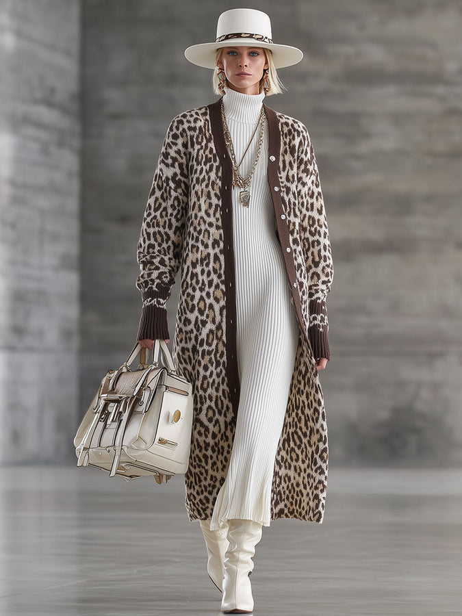 Retro Brown Leopard Print Knit Cardigan