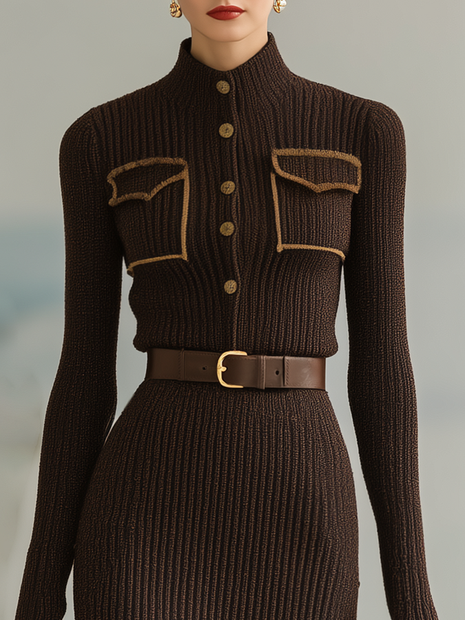 Robe Tricotée Chic à Col Montant et Manches Longues