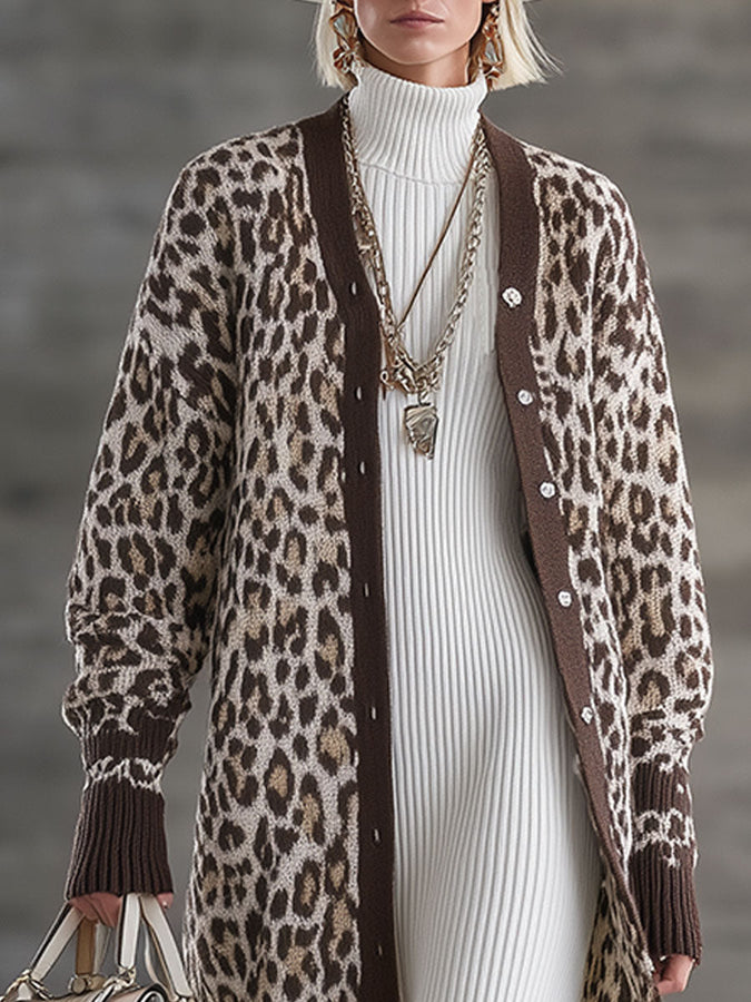 Retro Brown Leopard Print Knit Cardigan