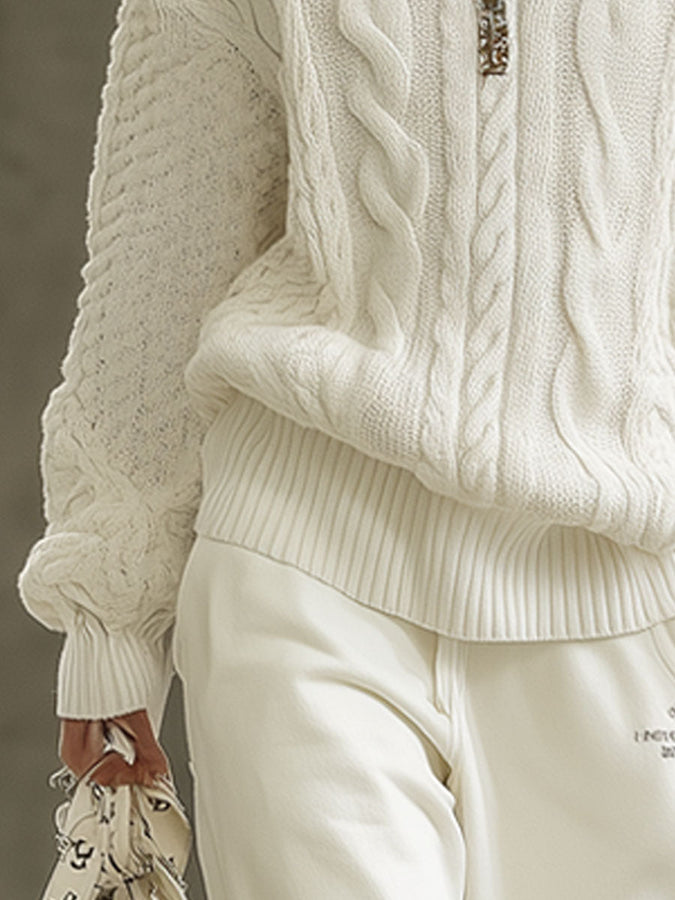 Pull Rétro en Tricot Blanc à Col Roulé