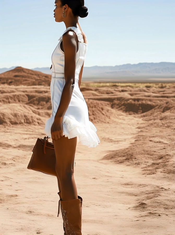 Robe Mini en Denim Blanc Élégante avec Zip et Volants – Livraison Rapide en 24 Heures