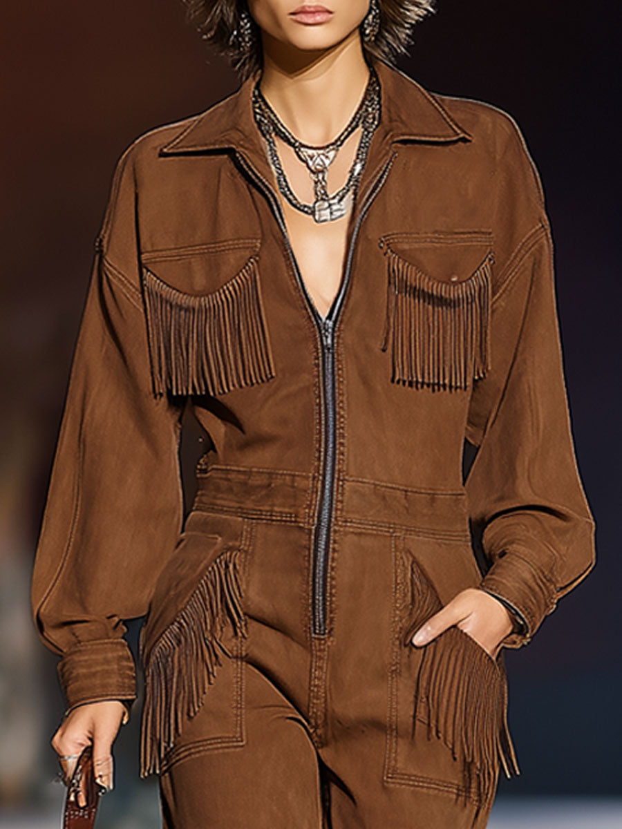 Salopette Rétro en Denim Caramel à Manches Longues avec Poches à Franges