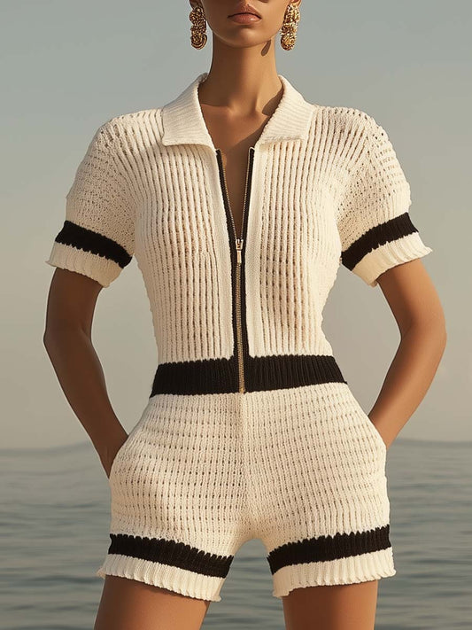 【Expédition en 24h】Combinaison Tricot à Manches Courtes avec Fermeture Éclair et Tissu Respirant