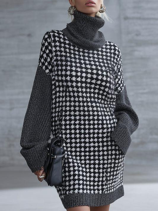 Élégante Robe Mini Tricot Houndstooth Grise avec Col Montant - Luxe à Porter