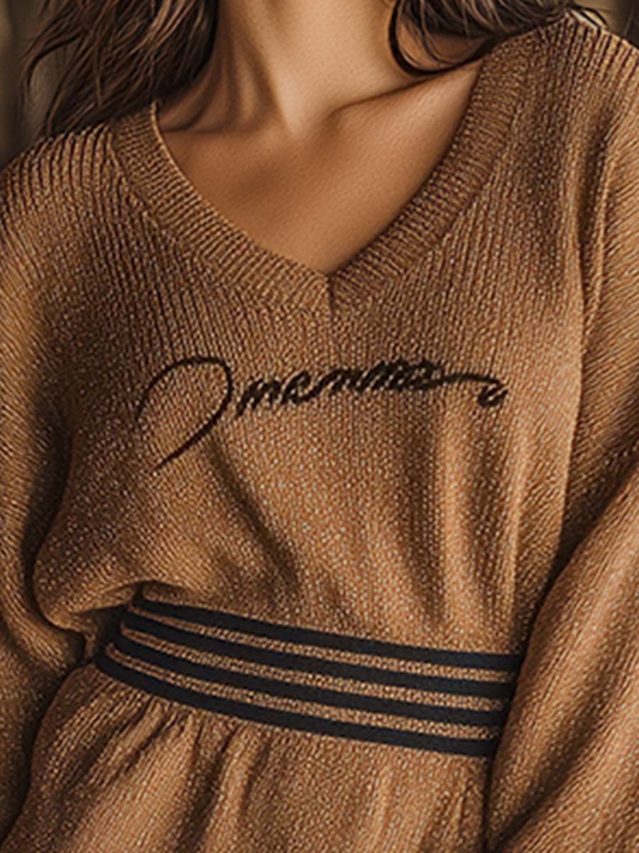 Robe Vintage Décontractée à Rayures Marron Chinée – Style Mini en Tricot