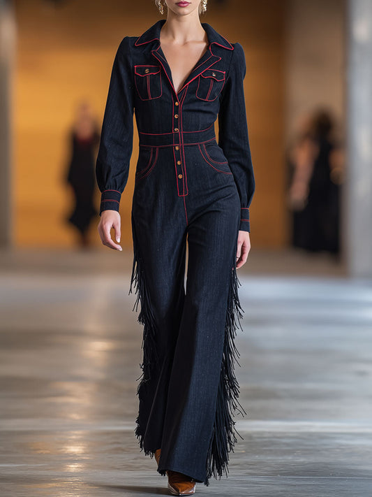 Salopette Évasée en Denim Bleu Marine à Franges avec Coutures Rouges Rétro et Manches Longues