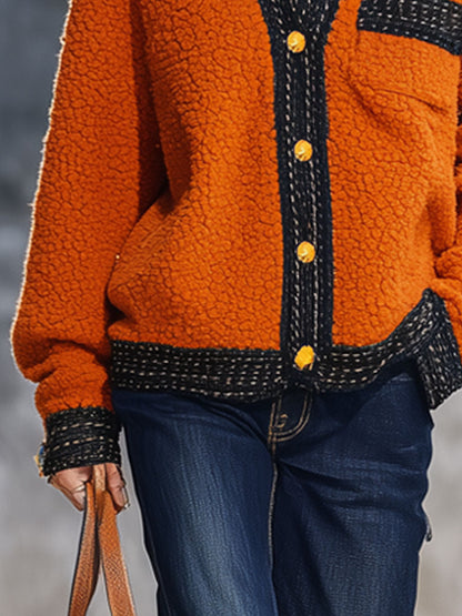 Veste en polaire orange avec bordure en ruban - Élégance rétro urbaine