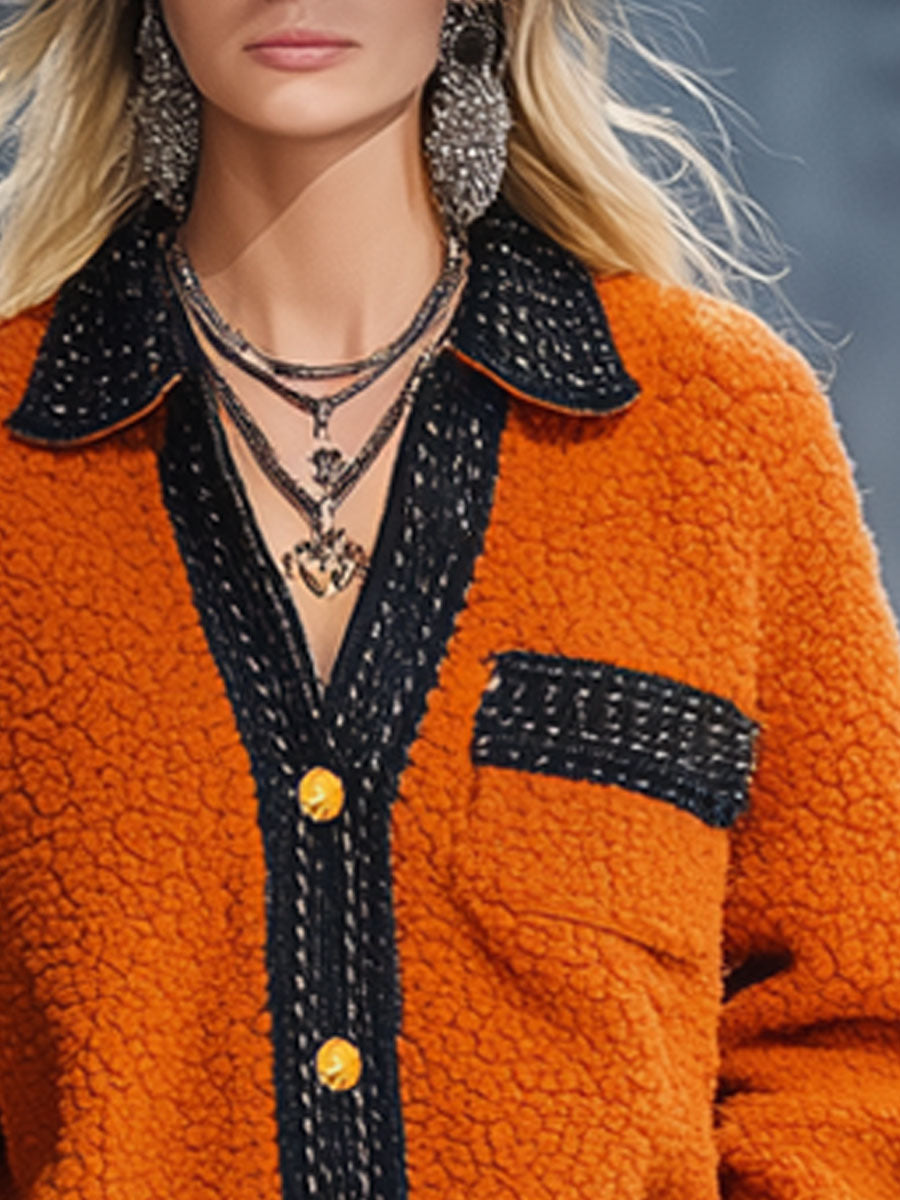 Veste en polaire orange avec bordure en ruban - Élégance rétro urbaine