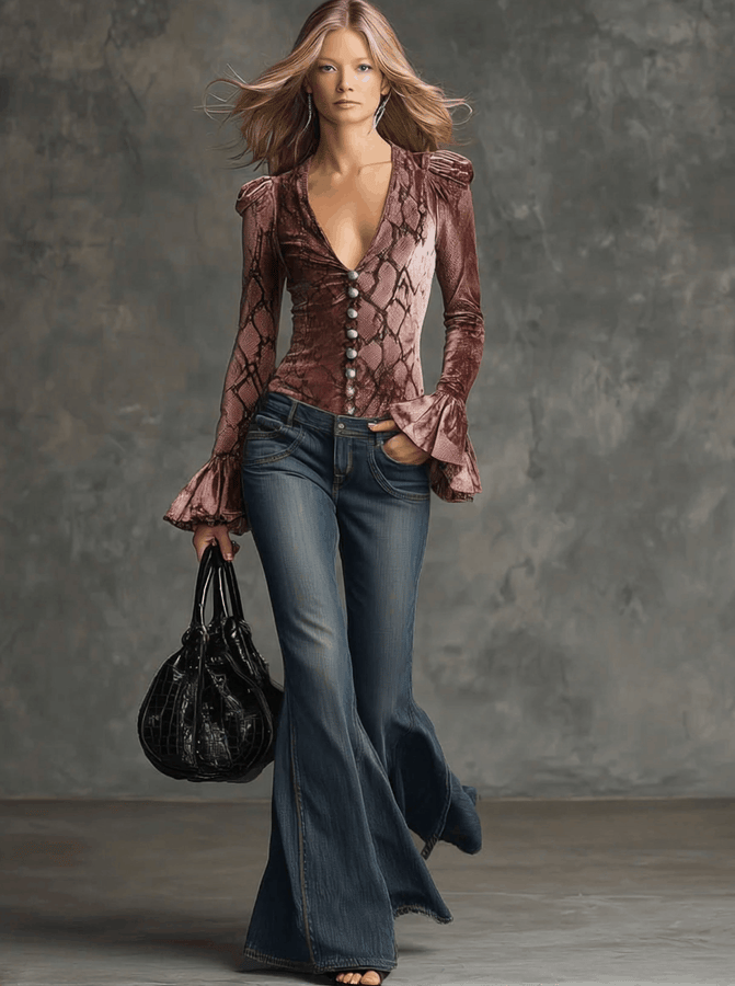 Chemise Vintage en Velours Rose à Manches Longues Évasées avec Imprimé Crocodile et Col en V