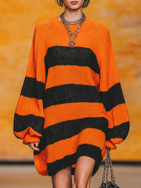 Robe Vintage à Col Rond avec Manches Lanternes et Rayures Contrastantes