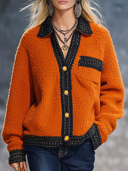 Veste en polaire orange avec bordure en ruban - Élégance rétro urbaine