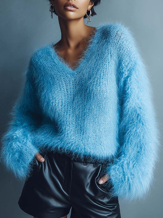 Pull léger en laine bleu clair à col en V - Élégance décontractée