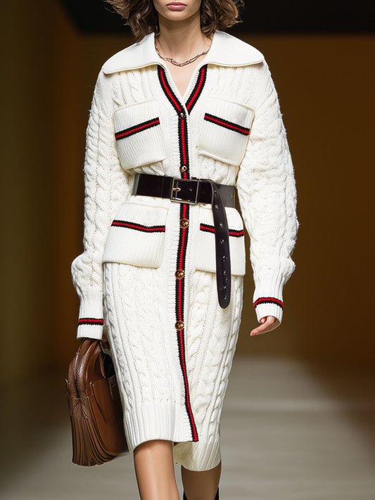 Trench en Tricot à Col Oversize avec Poches Multiples et Ceinture