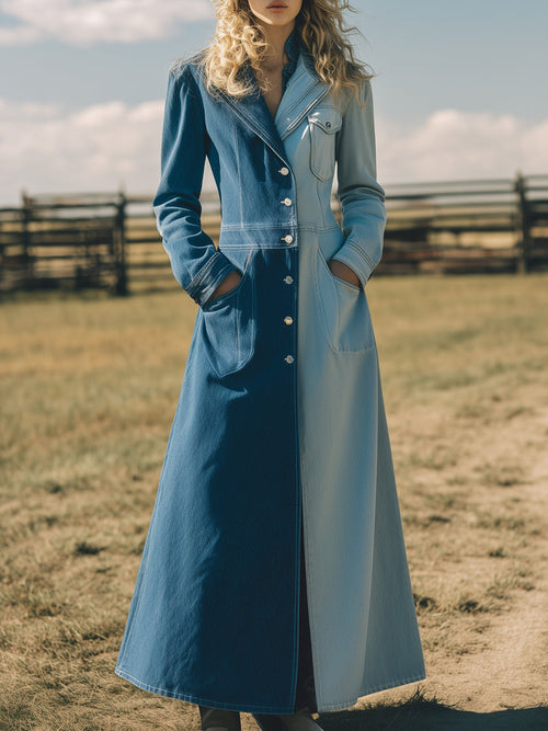 Trench Long en Denim Colorblock : Élégance Bleu Foncé et Bleu Clair