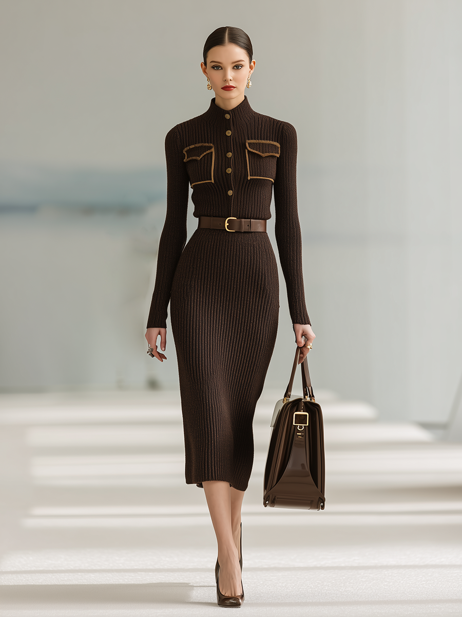 Robe Tricotée Chic à Col Montant et Manches Longues