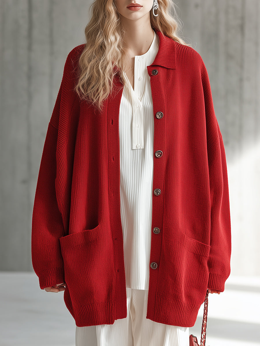 Élégant Cardigan Rouge Tricoté avec Col